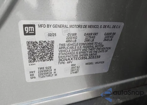 2025 Chevrolet Equinox Awd Rs from USA, damaged, VIN 3GNAXTEG9SL305159